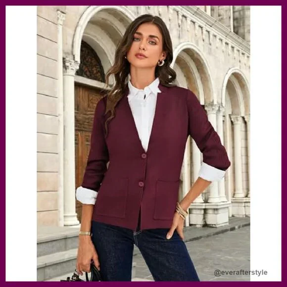 Knit Blazer Cardigan Professional Casual Work Jacket Long Sleeve Pockets